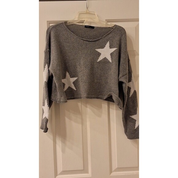 SHEIN Star Print Sweater Gray White Cropped Knit Pullover Cozy Women's Size S - Picture 1 of 4